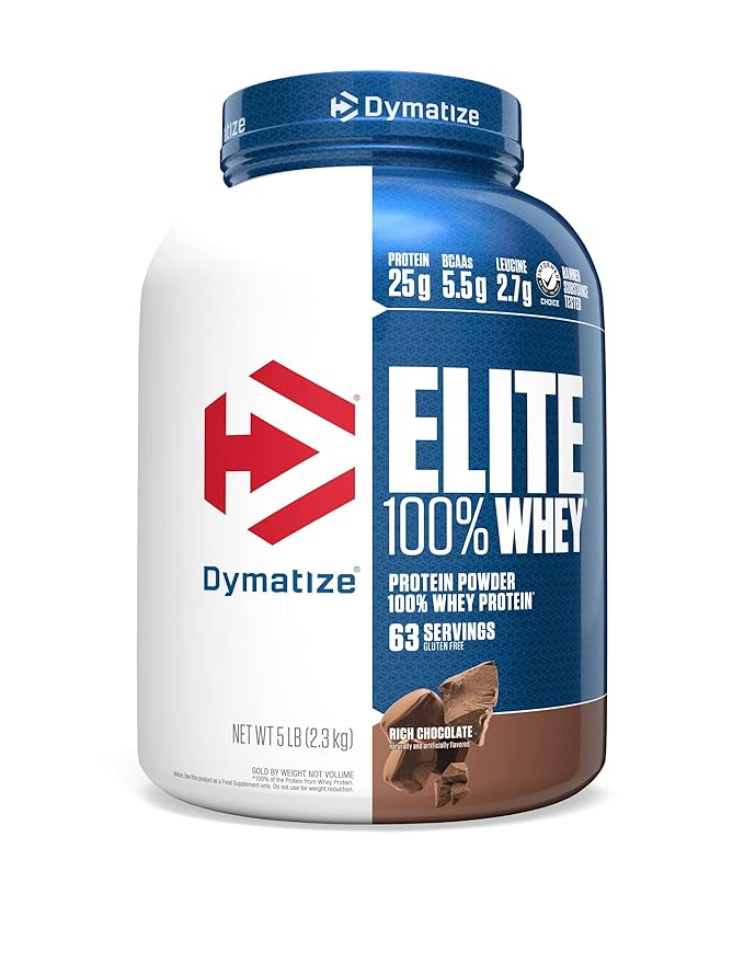 Dymatize Nutrition Elite 100% Whey Protein | Whey Protein Powder | Muscle Recovery | 25g Protein, 5.5g BCAA | Fast-Absorbing Protein | Gluten-Free | Blend with BCAAs & Glutamine | Rich Chocolate | 5 Lbs